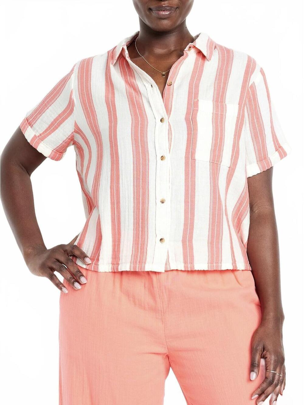 Crinkle Gauze Button-Down Striped Shirt Old Navy Pink Stripe NWT XXL Tall